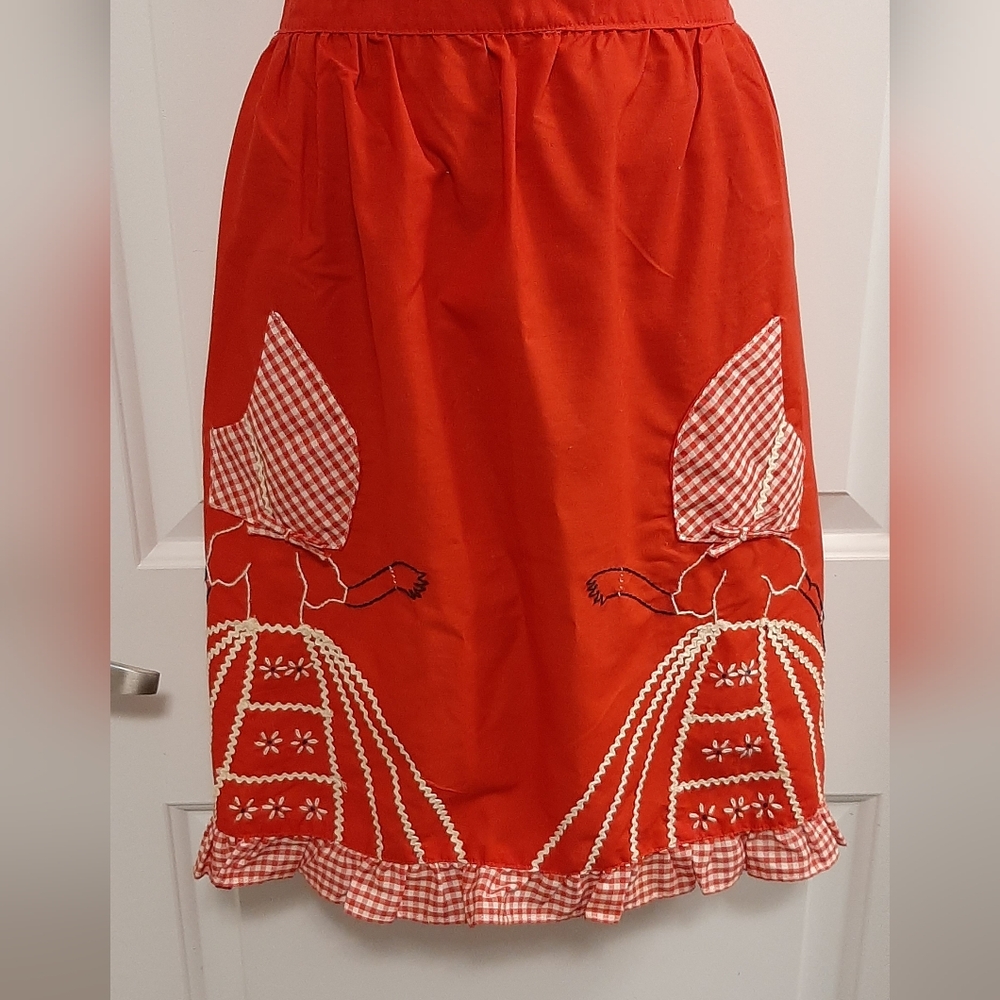 Vintage Red Handmade Apron Embroidered Ladies on Front Hats are Pockets